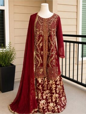 3pcs Southasian Embroidered Maroon & Gold Women's Dress & Dupatta Sharara Set